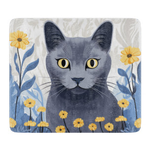 Russian Blue Cat Yellow Flowers Cutting Board