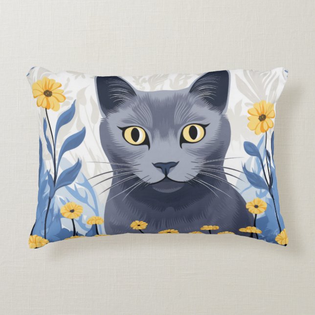 Russian Blue Cat Yellow Flowers Decorative Cushion (Front)