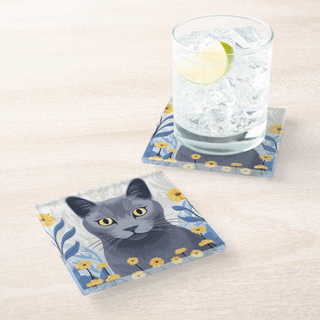 Russian Blue Cat Yellow Flowers Glass Coaster (Angled)