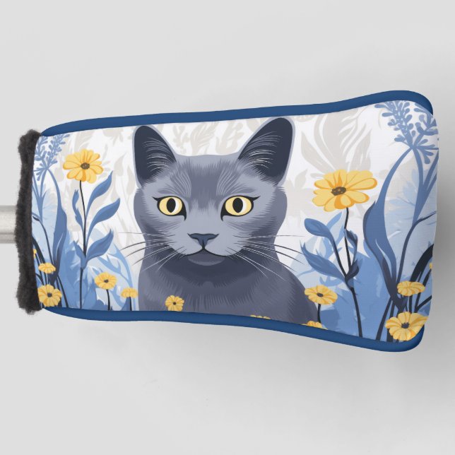Russian Blue Cat Yellow Flowers Golf Head Cover (Front)