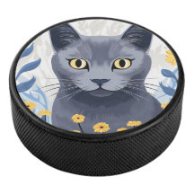 Russian Blue Cat Yellow Flowers