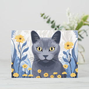 Russian Blue Cat Yellow Flowers Holiday Card
