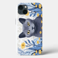 Russian Blue Cat Yellow Flowers
