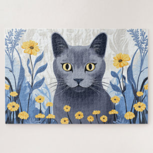 Russian Blue Cat Yellow Flowers Jigsaw Puzzle