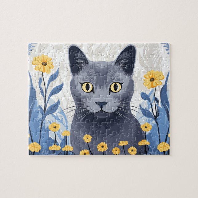 Russian Blue Cat Yellow Flowers Jigsaw Puzzle (Horizontal)