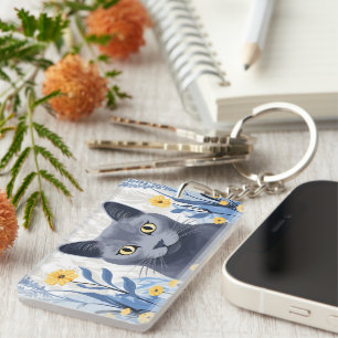 Russian Blue Cat Yellow Flowers Key Ring