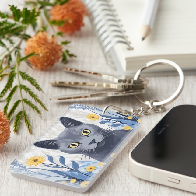 Russian Blue Cat Yellow Flowers Key Ring (Front Right)