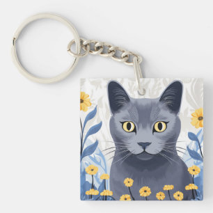 Russian Blue Cat Yellow Flowers Key Ring