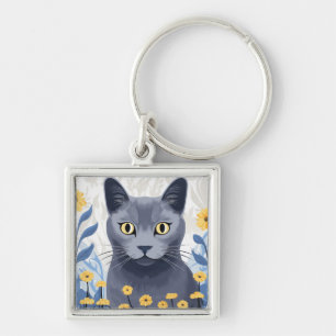 Russian Blue Cat Yellow Flowers Key Ring