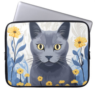 Russian Blue Cat Yellow Flowers Laptop Sleeve