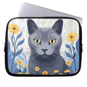 Russian Blue Cat Yellow Flowers Laptop Sleeve