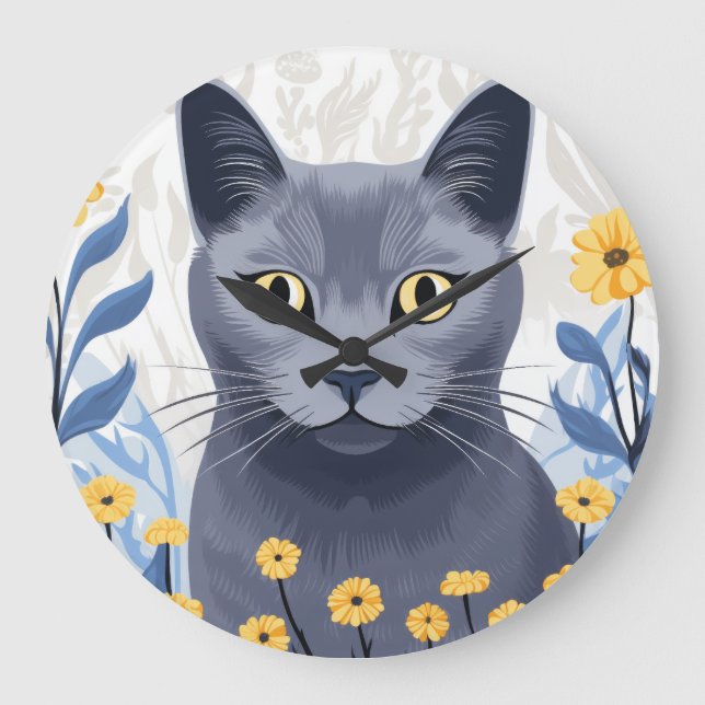 Russian Blue Cat Yellow Flowers Large Clock (Front)