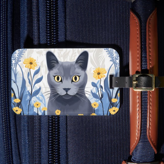 Russian Blue Cat Yellow Flowers Luggage Tag (Front Insitu 4)