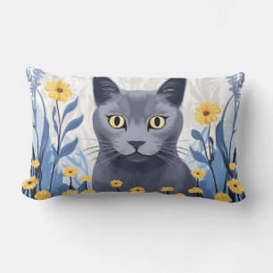 Russian Blue Cat Yellow Flowers Lumbar Cushion