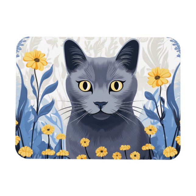 Russian Blue Cat Yellow Flowers Magnet (Horizontal)