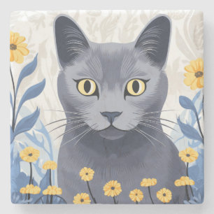 Russian Blue Cat Yellow Flowers Marble Stone Coaster