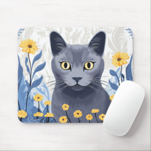 Russian Blue Cat Yellow Flowers Mouse Pad