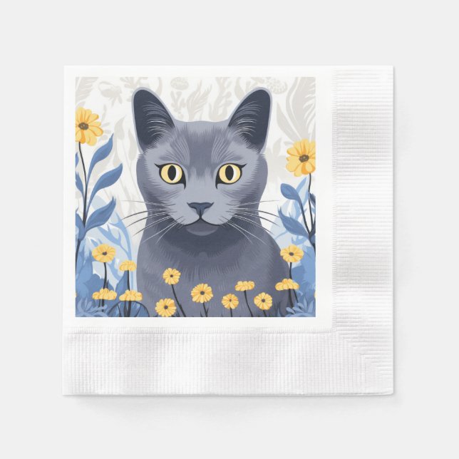 Russian Blue Cat Yellow Flowers Napkin (Front)