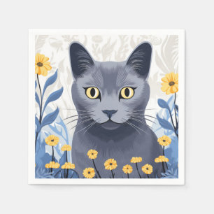Russian Blue Cat Yellow Flowers Napkin