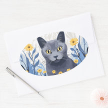 Russian Blue Cat Yellow Flowers