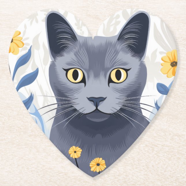 Russian Blue Cat Yellow Flowers Paper Coaster (Front)