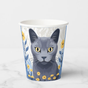 Russian Blue Cat Yellow Flowers Paper Cups