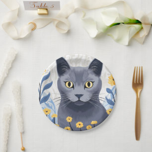Russian Blue Cat Yellow Flowers Paper Plate