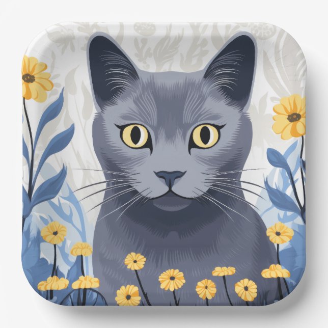 Russian Blue Cat Yellow Flowers Paper Plate (Front)