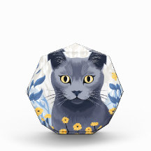 Russian Blue Cat Yellow Flowers