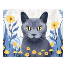 Russian Blue Cat Yellow Flowers