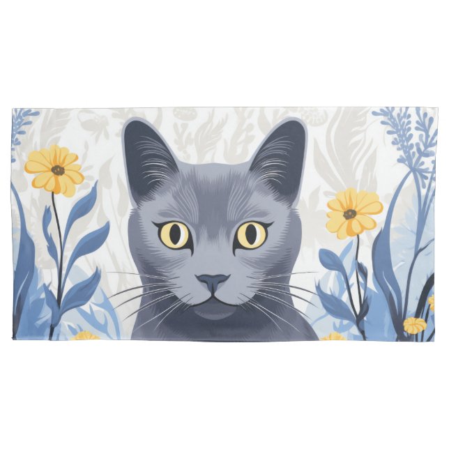 Russian Blue Cat Yellow Flowers Pillowcase (Front)