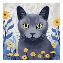 Russian Blue Cat Yellow Flowers