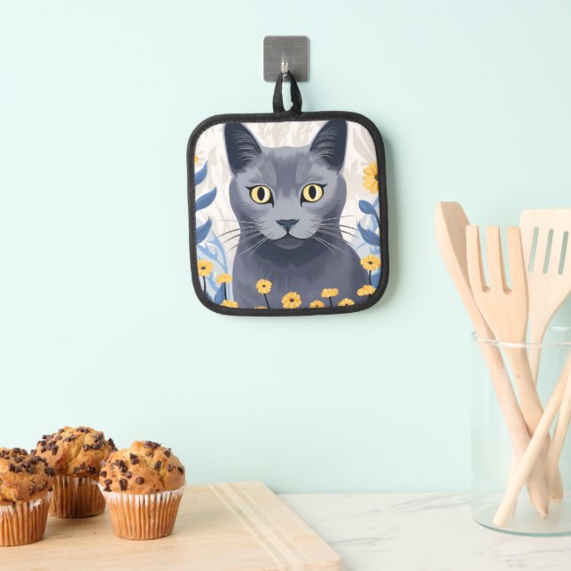 Russian Blue Cat Yellow Flowers Pot Holder (Insitu(Hanging))