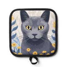 Russian Blue Cat Yellow Flowers