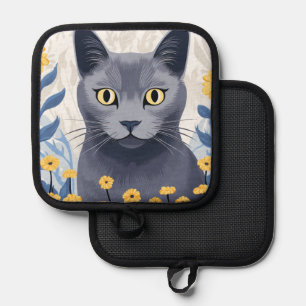 Russian Blue Cat Yellow Flowers Pot Holder