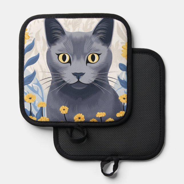 Russian Blue Cat Yellow Flowers Pot Holder (Front/Back)
