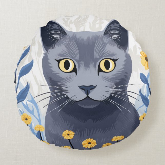 Russian Blue Cat Yellow Flowers Round Cushion (Front)