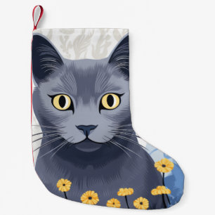 Russian Blue Cat Yellow Flowers Small Christmas Stocking