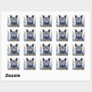 Russian Blue Cat Yellow Flowers Square Sticker