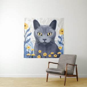 Russian Blue Cat Yellow Flowers Tapestry