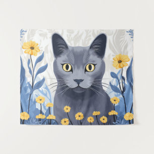 Russian Blue Cat Yellow Flowers Tapestry
