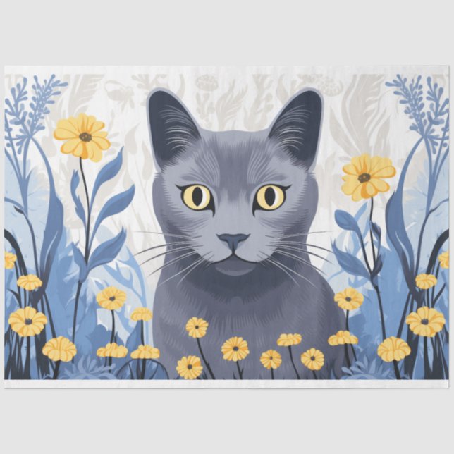 Russian Blue Cat Yellow Flowers Tissue Paper (Front)
