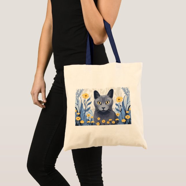 Russian Blue Cat Yellow Flowers Tote Bag (Front (Product))