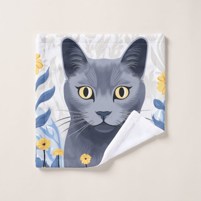 Russian Blue Cat Yellow Flowers Wash Cloth (Wash Cloth)