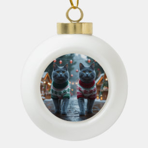 Russian Blue Cats Christmas Snow Holiday  Ceramic Ball Christmas Ornament