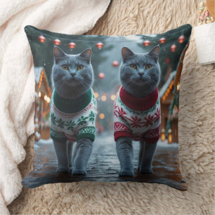 Russian Blue Cats Christmas Snow Holiday  Cushion