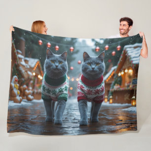Russian Blue Cats Christmas Snow Holiday Fleece Blanket