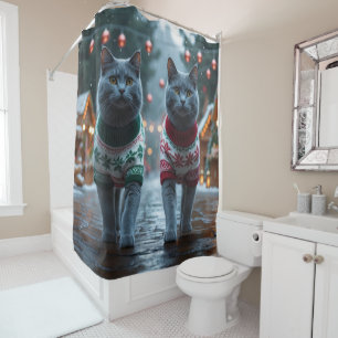 Russian Blue Cats Christmas Snow Holiday  Shower Curtain