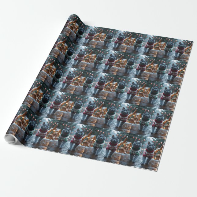 Russian Blue Cats Christmas Snow Holiday  Wrapping Paper (Unrolled)