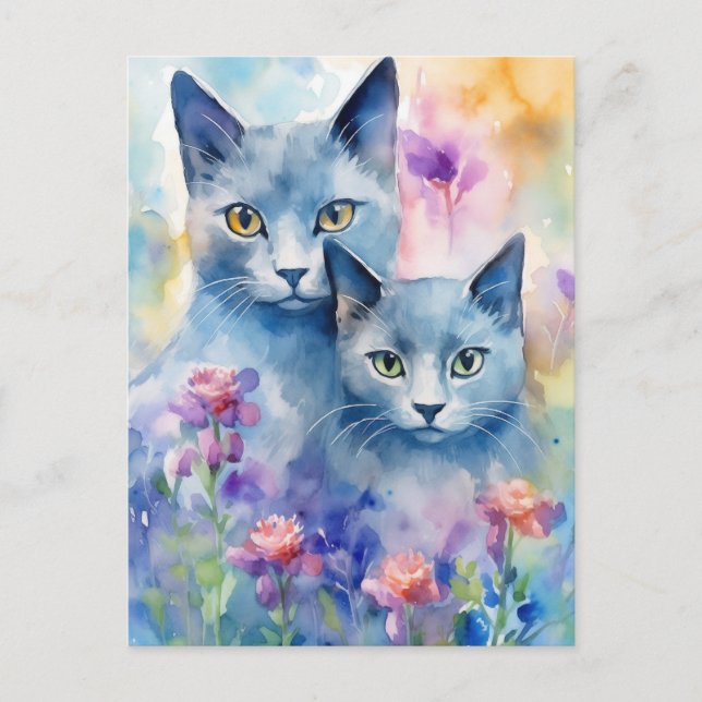 Russian Blue Cats Flower field Postcard (Front)